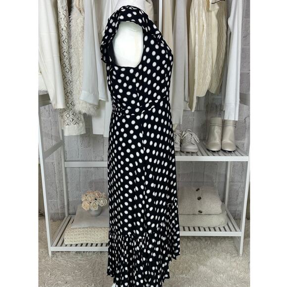 Metrostyle Women's Size 8 Black Polka Dot Ruffle Hem Midi Dress #0417 - Picture 2 of 12